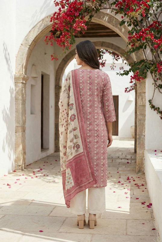 Dusty Pink Printed Russian Silk Straight Kurta Set with Floral Dupatta & Cream Palazzo Pants