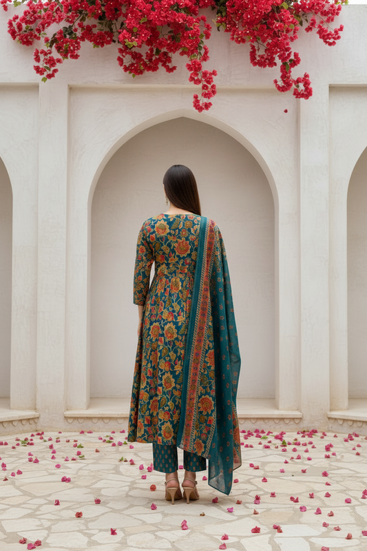 Teal Green Floral Printed Kurta Pant Set with Dupatta