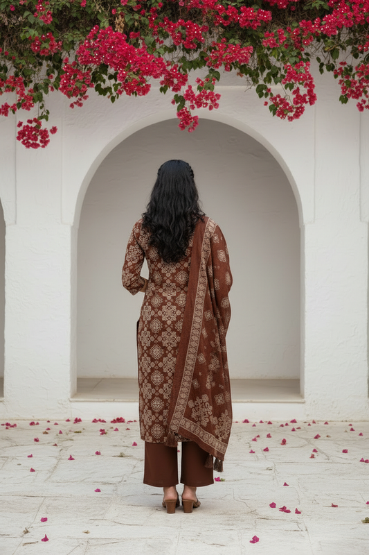 Rustic Brown Ethnic Motif Kurta Set with Dupatta