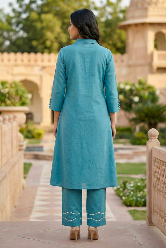 Blue Floral Embroidered Motif Cotton Co-ord Set