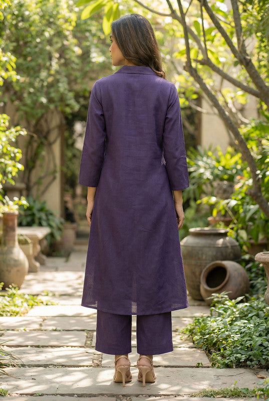 Plum Purple Floral Motif Embroidered Cotton Co-ord Set