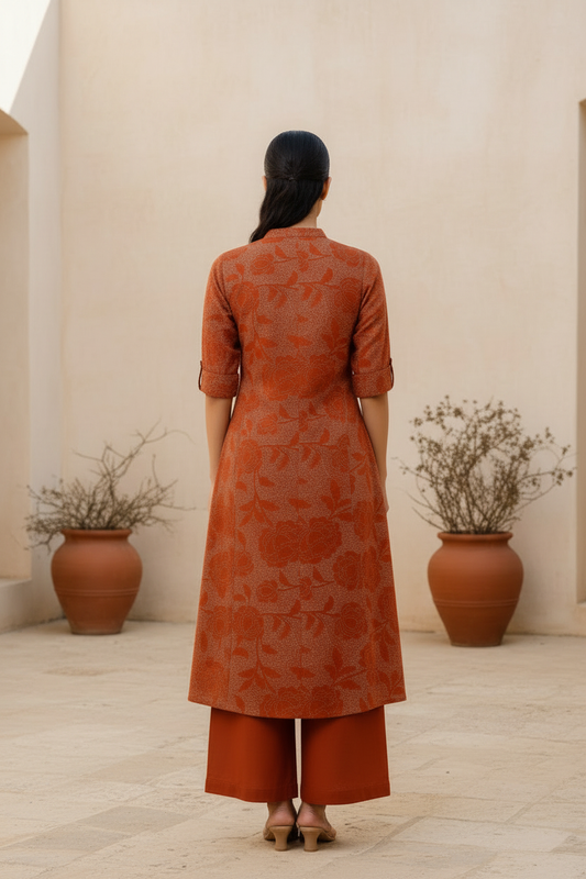Burnt Rust Floral Jacquard Kurta Pant Set