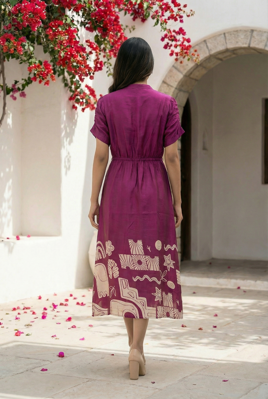 Printed Purple Russian Silk A-Line Dress with Front Buttons & Statement Print Border