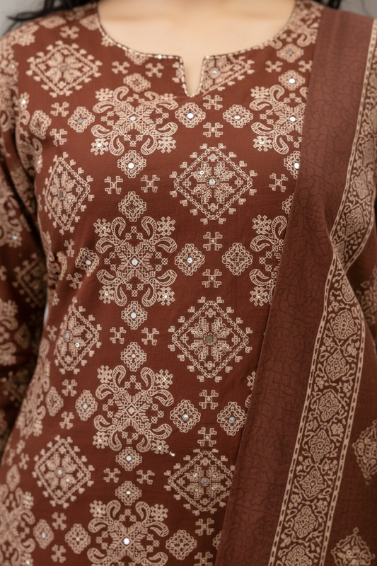 Rustic Brown Ethnic Motif Kurta Set with Dupatta