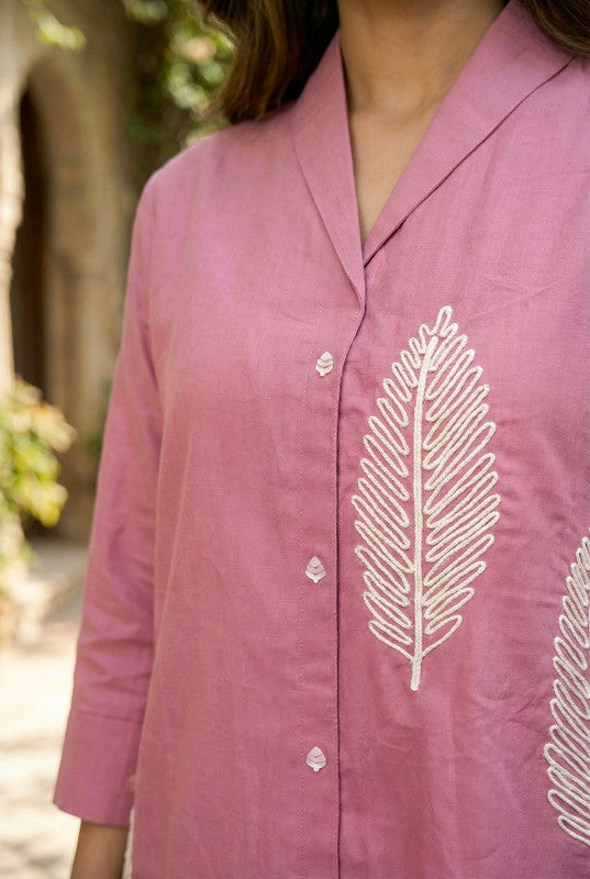 Elegant Dusty Pink Leaf Embroidered Cotton Co-ord Set