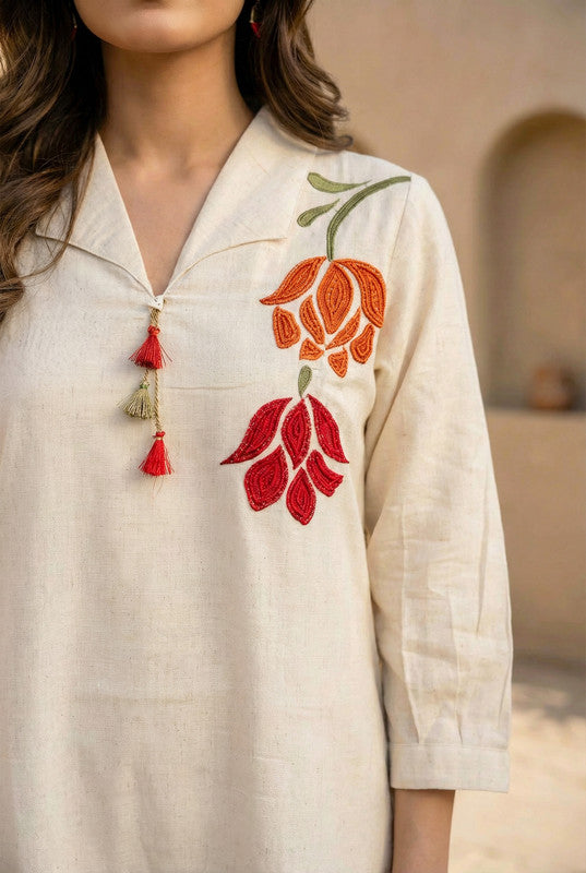 Off-White Floral Embroidered Cotton Flex Co-ord Set