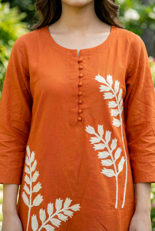 Orange Botanical Embroidered Straight Cotton Kurta Set with Dupatta