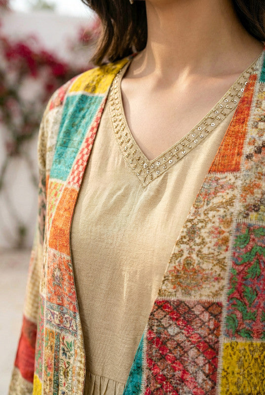 Multicolor Patchwork with Beige Anarkali Russian Silk Long Shrug Set