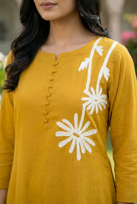Yellow  Floral A-Line Embroidery Cotton Kurta Pant Set with Dupatta