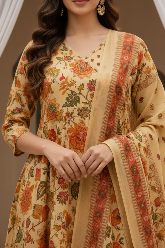 Yellow Floral Printed Kurta Pant Set with Dupatta