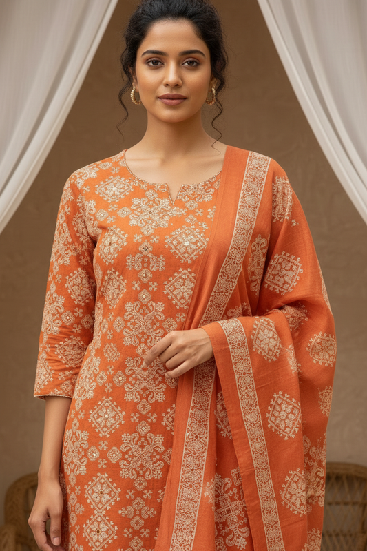 Rust Orange Traditional Print Kurta Pant Set with Dupatta