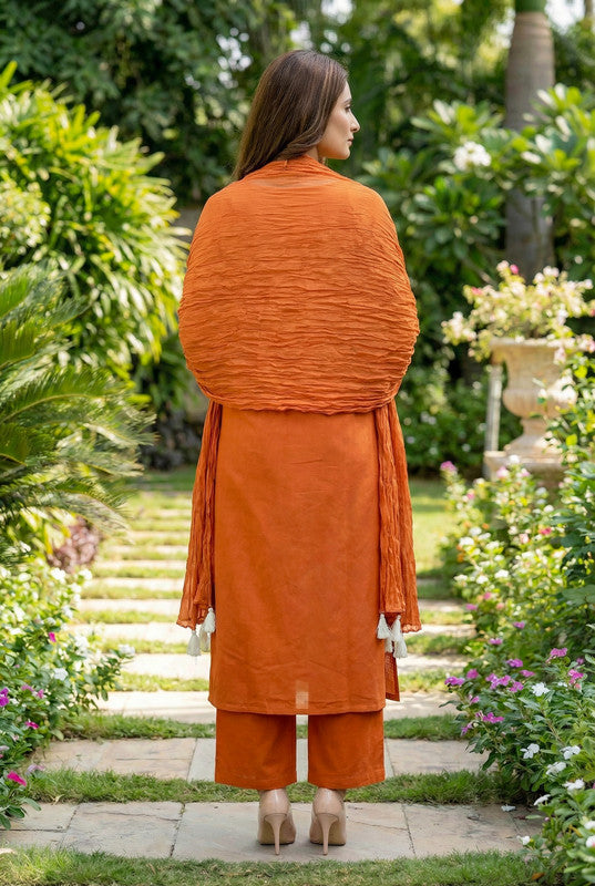 Orange Botanical Embroidered Straight Cotton Kurta Set with Dupatta