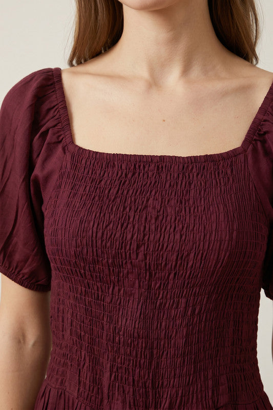 Wine Smocked Bodice Puff Sleeve Square Neck Flowy Solid Russian Silk Dress