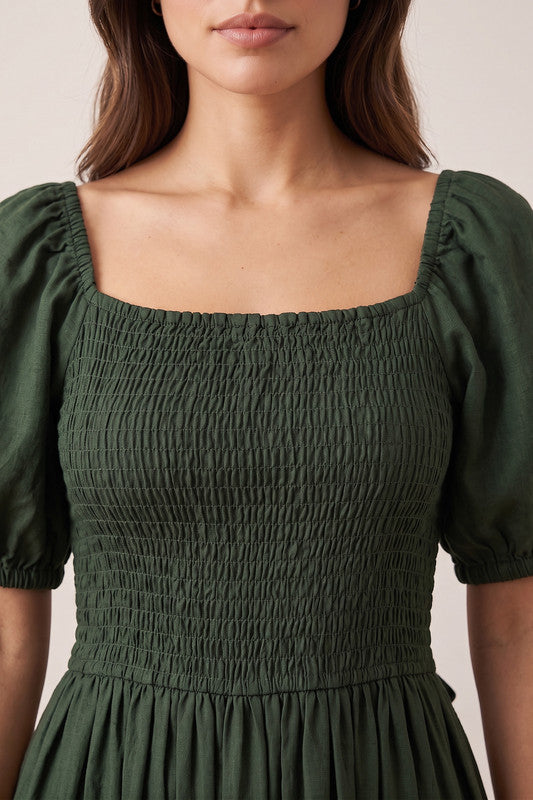 Olive Green Smocked Feminine Silhouette Ruffle Hem Solid Russian Silk Dress