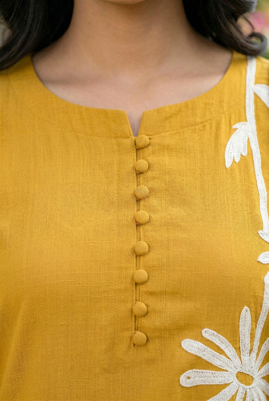 Yellow  Floral A-Line Embroidery Cotton Kurta Pant Set with Dupatta
