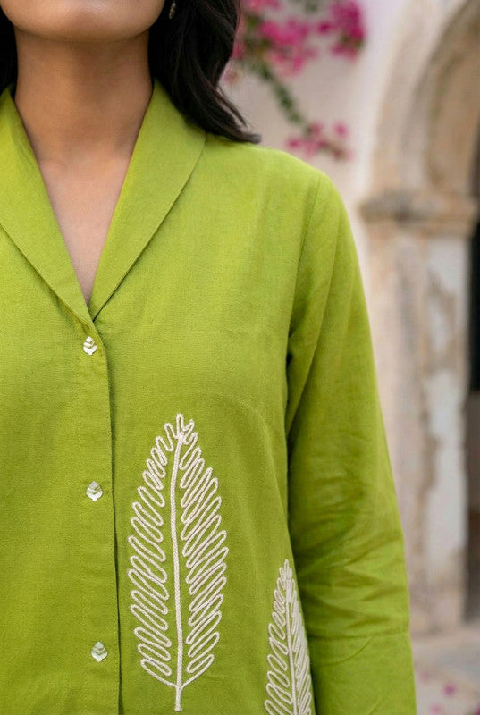 Green Botanical Embroidered Shirt Style Cotton Co-ord Set