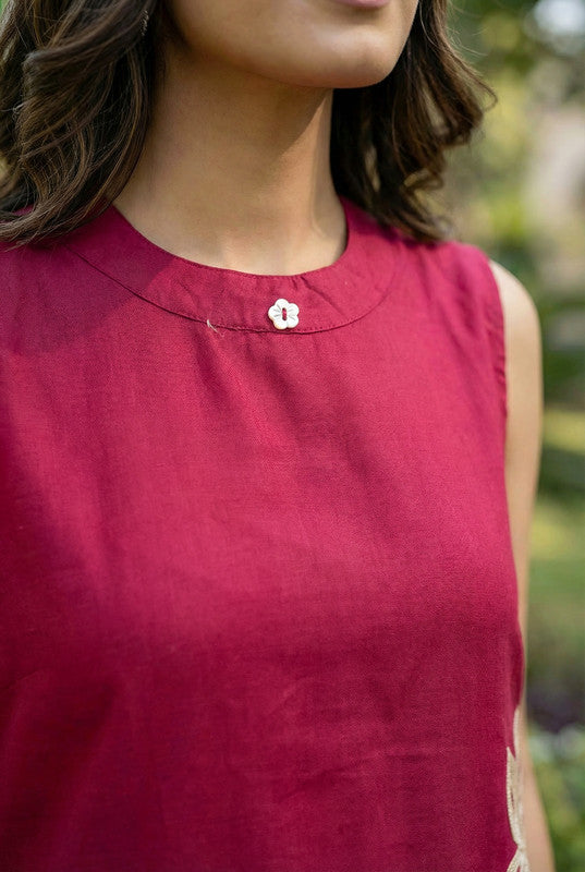 Maroon Floral Embroidered Sleeveless Cotton Co-ord Set