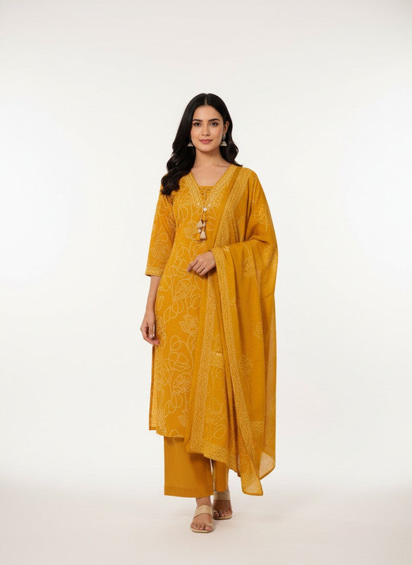 Elegant Mustard Floral Embroidered Kurta Set with Dupatta