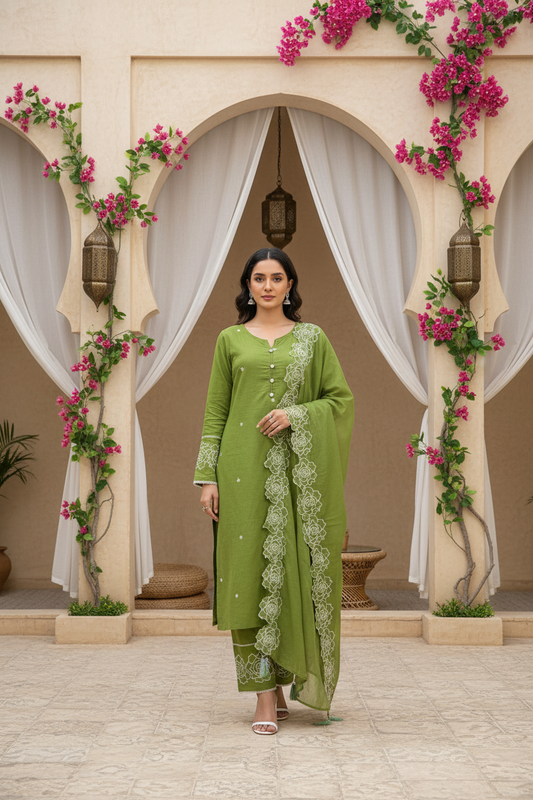 Olive Green Embroidered Kurta Pant Set with Dupatta
