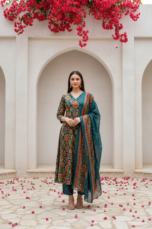 Teal Green Floral Printed Kurta Pant Set with Dupatta