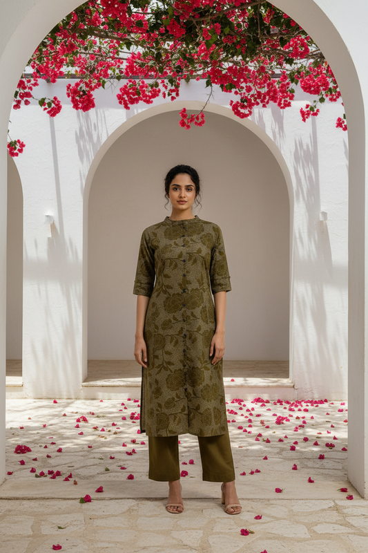 Olive Green Textured Button Kurta Pant Set
