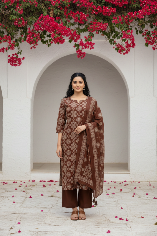 Rustic Brown Ethnic Motif Kurta Set with Dupatta