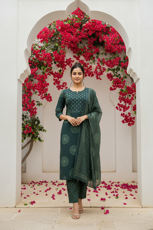 Forest Green Ethnic Motif Kurta Pant Set with Dupatta