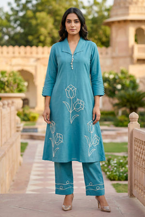 Blue Floral Embroidered Motif Cotton Co-ord Set