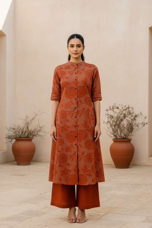 Burnt Rust Floral Jacquard Kurta Pant Set