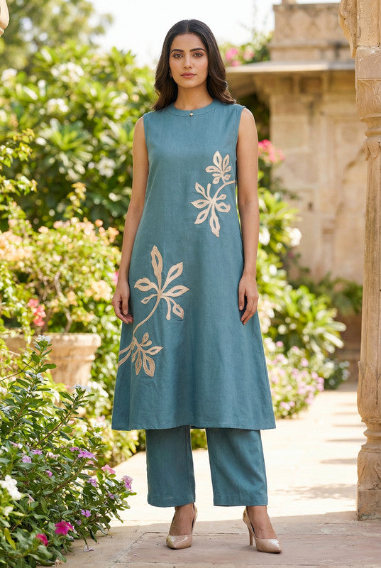 Blue Sleeveless A-Line Floral Embroidered Cotton Flex Co-ord Set