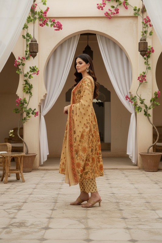 Yellow Floral Printed Kurta Pant Set with Dupatta
