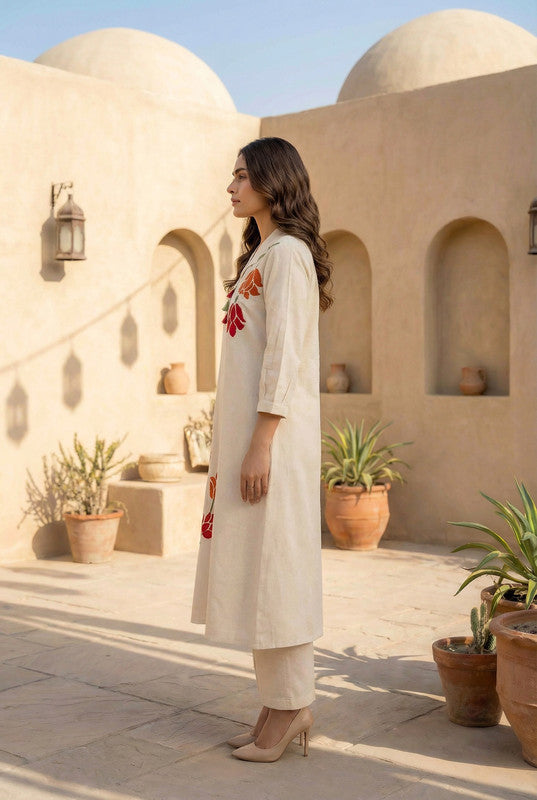 Off-White Floral Embroidered Cotton Flex Co-ord Set