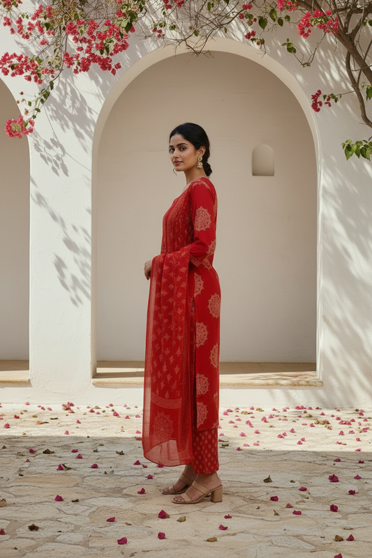 Scarlet Red Printed Kurta Pant Set with Dupatta
