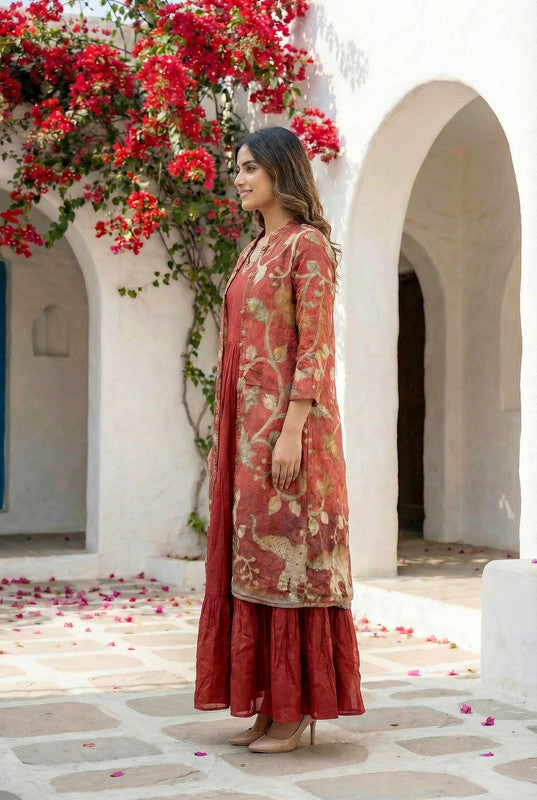 Maroon Flared Anarkali with Ethnic Printed Russian Silk Long Shrug Set