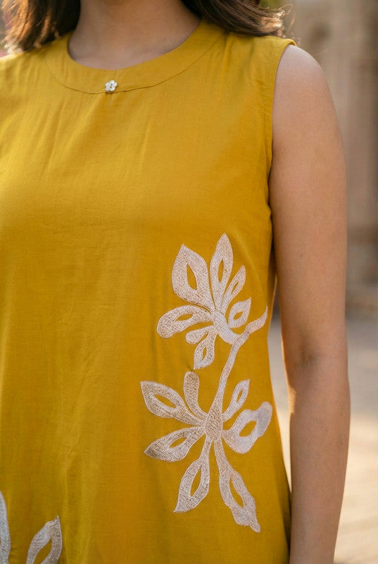 Mustard Yellow Floral Embroidered Sleeveless Cotton Co-ord Set
