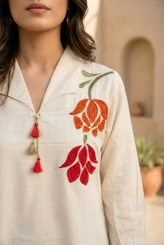 Off-White Floral Embroidered Cotton Flex Co-ord Set