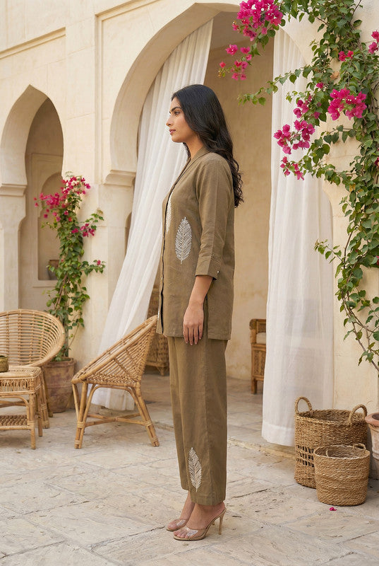 Brown Button-Down Embroidered Shirt Style Cotton Co-ord Set