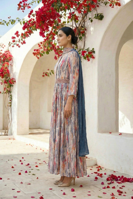 Multicolor Abstract Printed Russian Silk Dress with Dupatta