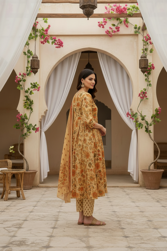 Yellow Floral Printed Kurta Pant Set with Dupatta