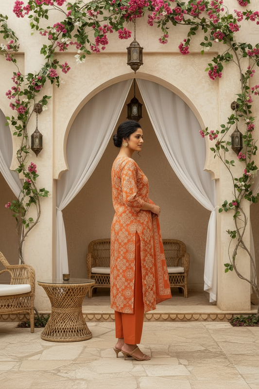 Rust Orange Traditional Print Kurta Pant Set with Dupatta