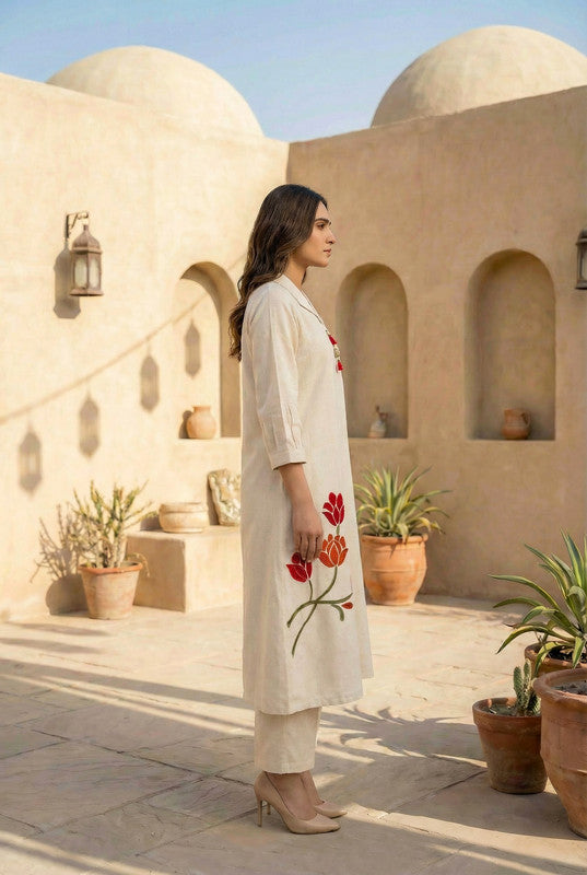 Off-White Floral Embroidered Cotton Flex Co-ord Set