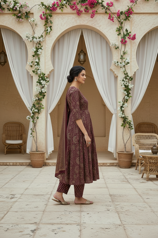 Royal Wine Ethnic Printed Kurta Pant Set