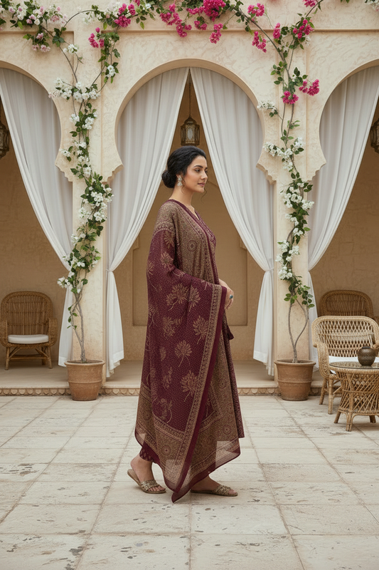 Royal Wine Ethnic Printed Kurta Pant Set