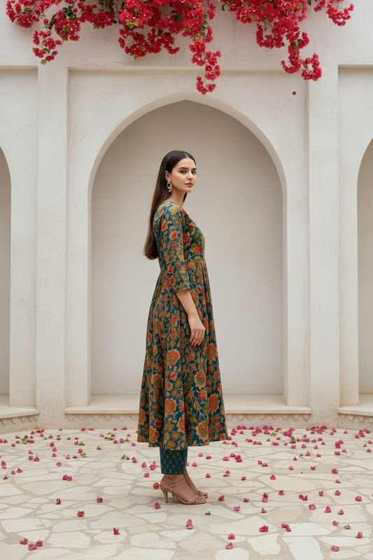 Teal Green Floral Printed Kurta Pant Set with Dupatta