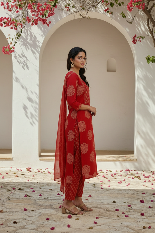 Scarlet Red Printed Kurta Pant Set with Dupatta
