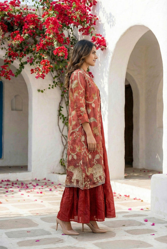 Maroon Flared Anarkali with Ethnic Printed Russian Silk Long Shrug Set