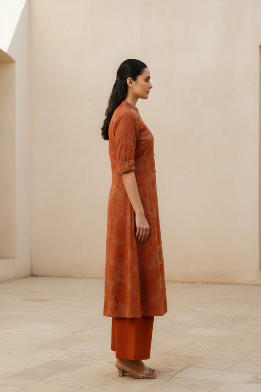 Burnt Rust Floral Jacquard Kurta Pant Set