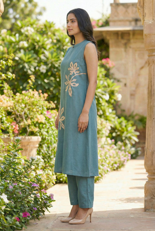 Blue Sleeveless A-Line Floral Embroidered Cotton Flex Co-ord Set