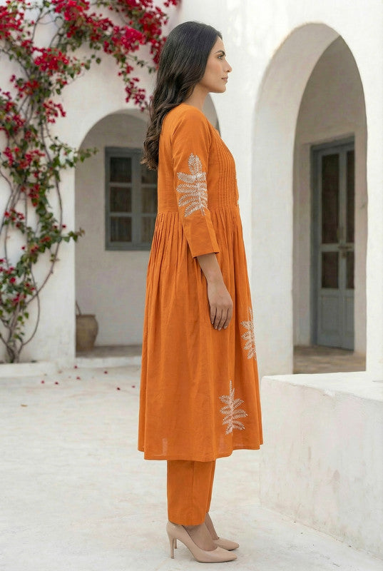 Rust Orange Pleated with Leaf Embroidery Cotton Co-ord Set