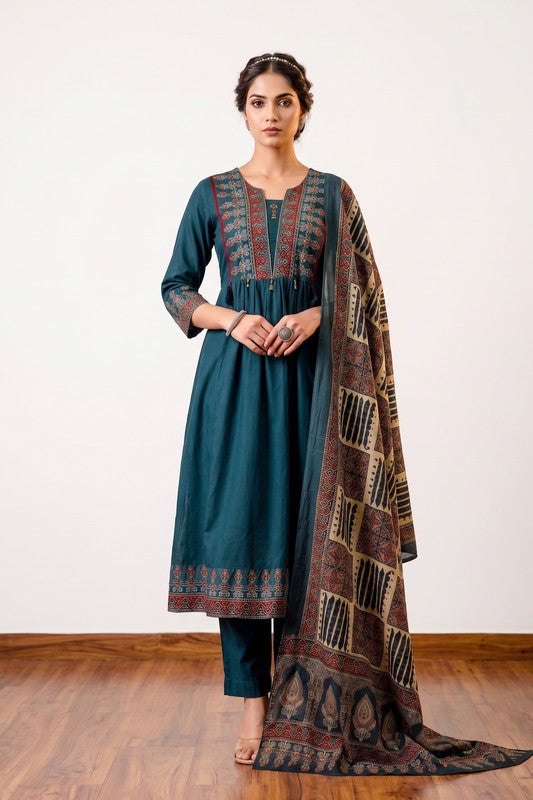 Teal Ethnic Fusion Printed Festive Wear Cotton Kurta Set with Printed Dupatta